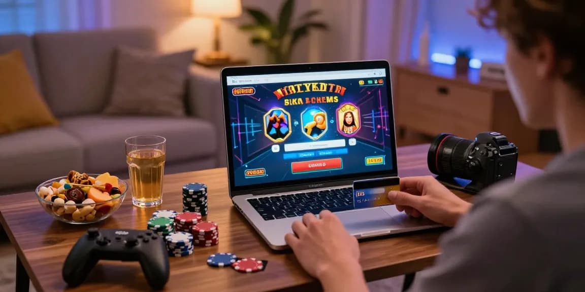 Casinos that accept credit cards: Player engaging with online casino games, using a credit card in a cozy home setup.