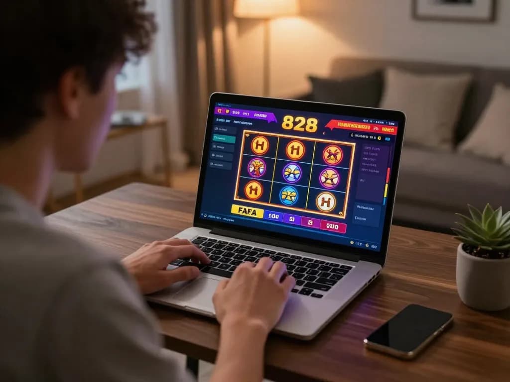 Engaged player enjoying FAFA 828 casino game on laptop in a cozy home setting