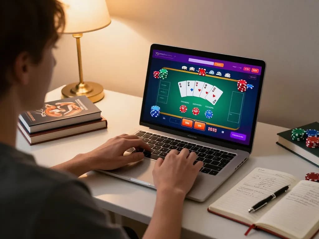 Player engaging in online casino games on a laptop, showcasing kuwin interface with poker cards and strategy notes.