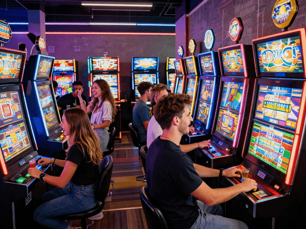 Friends enjoying a lively slot machine session in a vibrant arcade atmosphere.