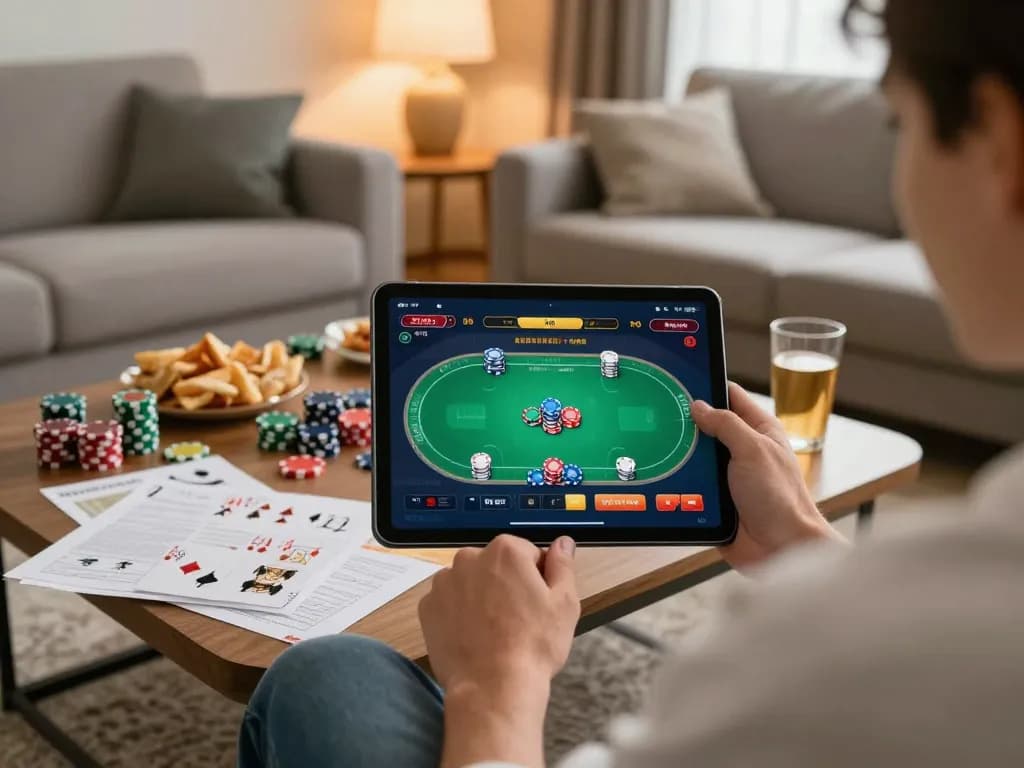 Person engaged in online poker game on tablet while seated in their cozy living room, LV88 gaming interface visible.
