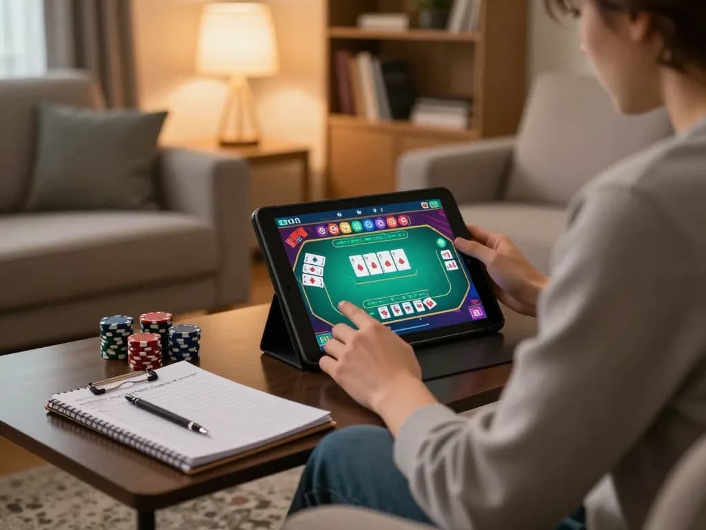 Bergabung dalam permainan poker di tablet, menampilkan strategi permainan hoki288 online di ruang tamu yang nyaman.