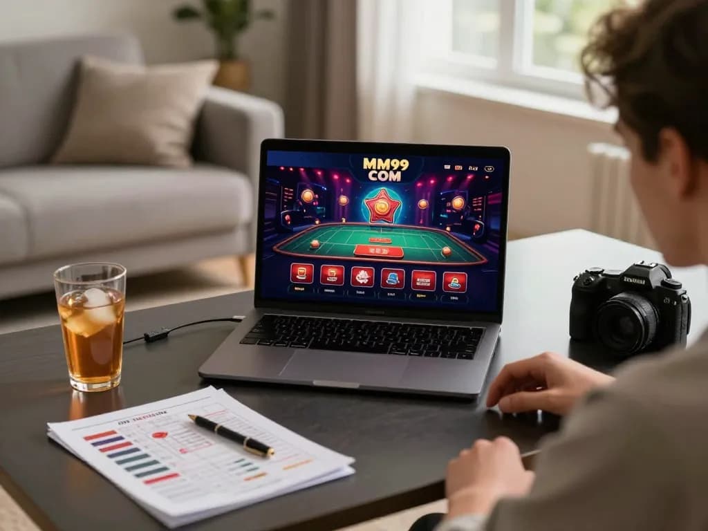 Playing poker online using MM99 COM on a sleek laptop in a cozy home setting