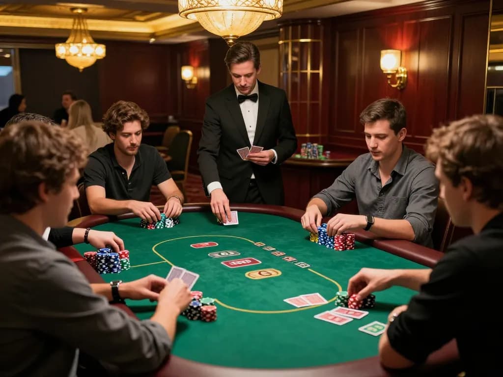 uu88 vom players strategizing bets around a lively poker table in a vibrant casino atmosphere
