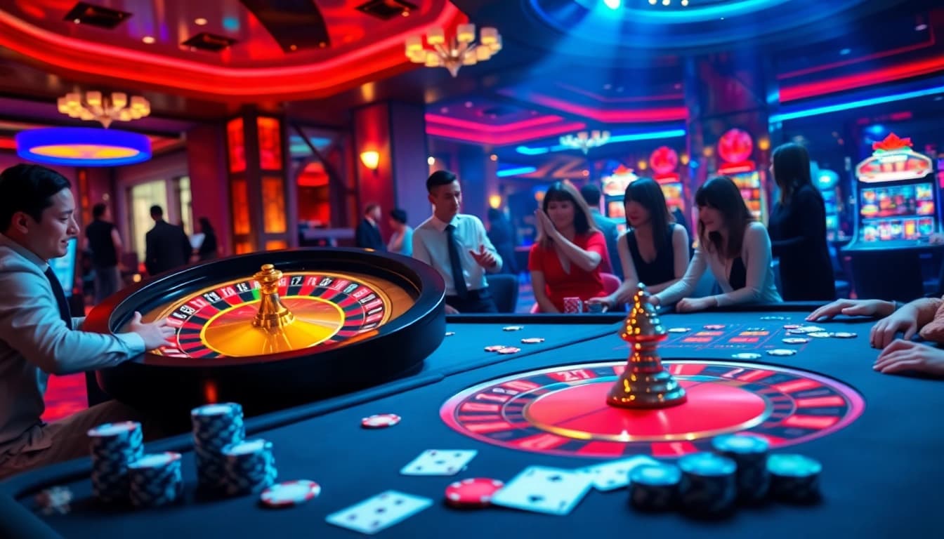 Experience the thrill of gambling at TRANG CHỦ VT88 with vibrant gaming scenes, roulette wheels, and excited players.