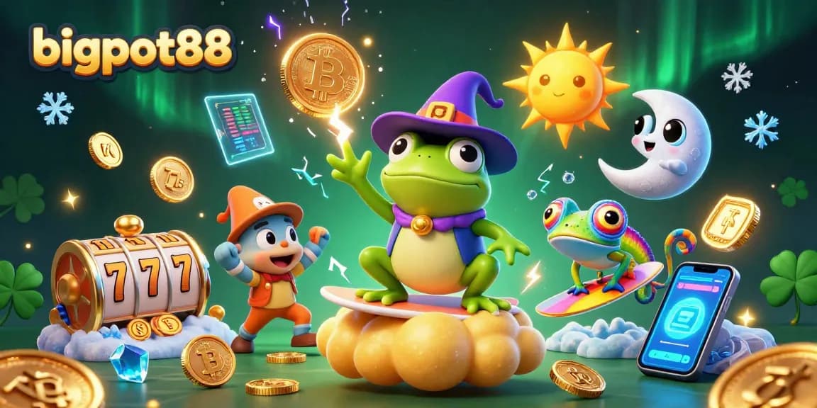 Experience the thrill of bigpot88 with a vibrant casino scene featuring a frog wizard and chameleon.