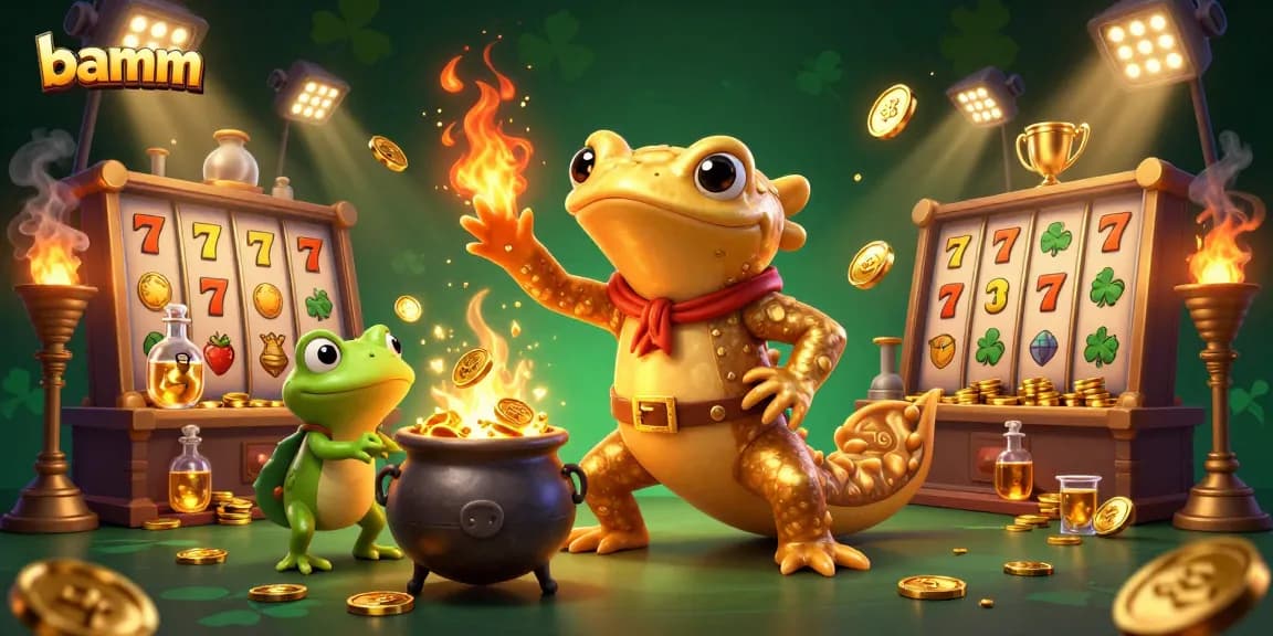 Bamm reveals a golden casino scene with a giant salamander alchemist and frog apprentice converting metals into slot cash.