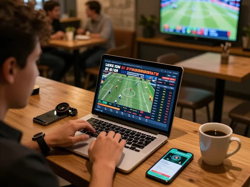 Soi kèo nhà cái hôm nay with a focused person analyzing betting odds on a laptop in a café.