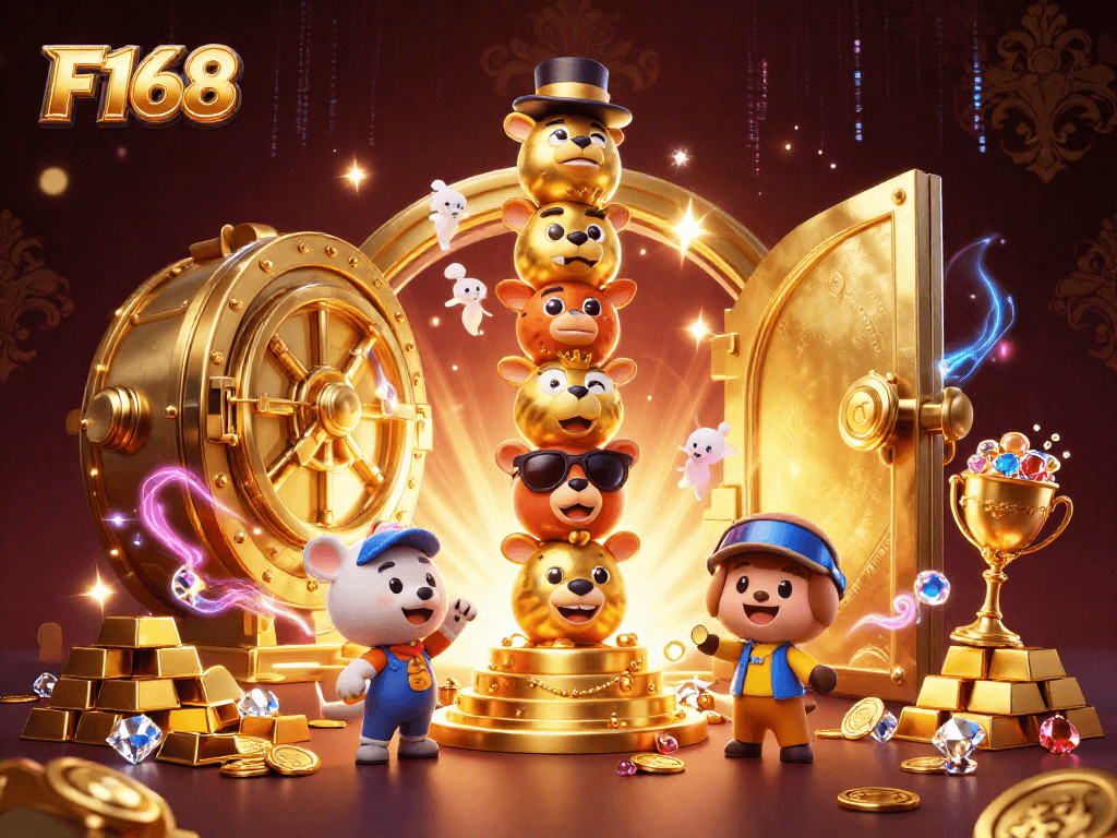 Enter the exciting world of F168 with a dynamic casino scene filled with treasures and animated characters.