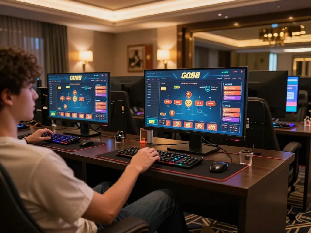 Engaged player using the GO88 app in a stylish home gaming area, showcasing strategic online betting.