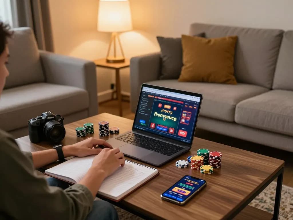 Player enjoying online poker on a laptop, showcasing rik 88 gaming strategy and a cozy atmosphere.