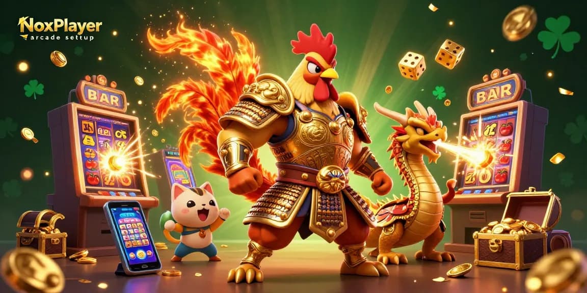NoxPlayer arcade setup showcases a dynamic casino scene with a rooster warrior, dragon, and gold slot machine elements.
