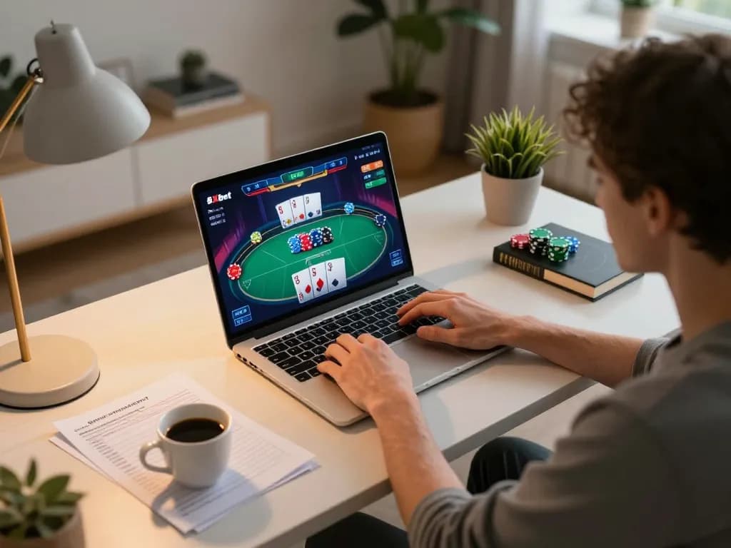 Player engaging with 8xbet interface on laptop, showcasing a dynamic poker game scene.