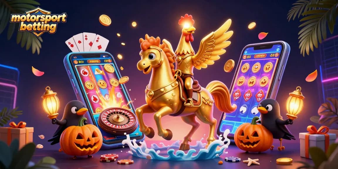 Experience thrilling motorsport betting with a golden rooster and lively casino scene.