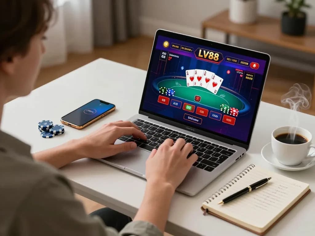 Engaging in LV88 online casino gameplay from a stylish home setup, showcasing poker strategies.