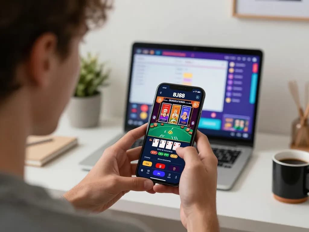 Player using BJ88 app for live poker gameplay on smartphone in a cozy home setting.