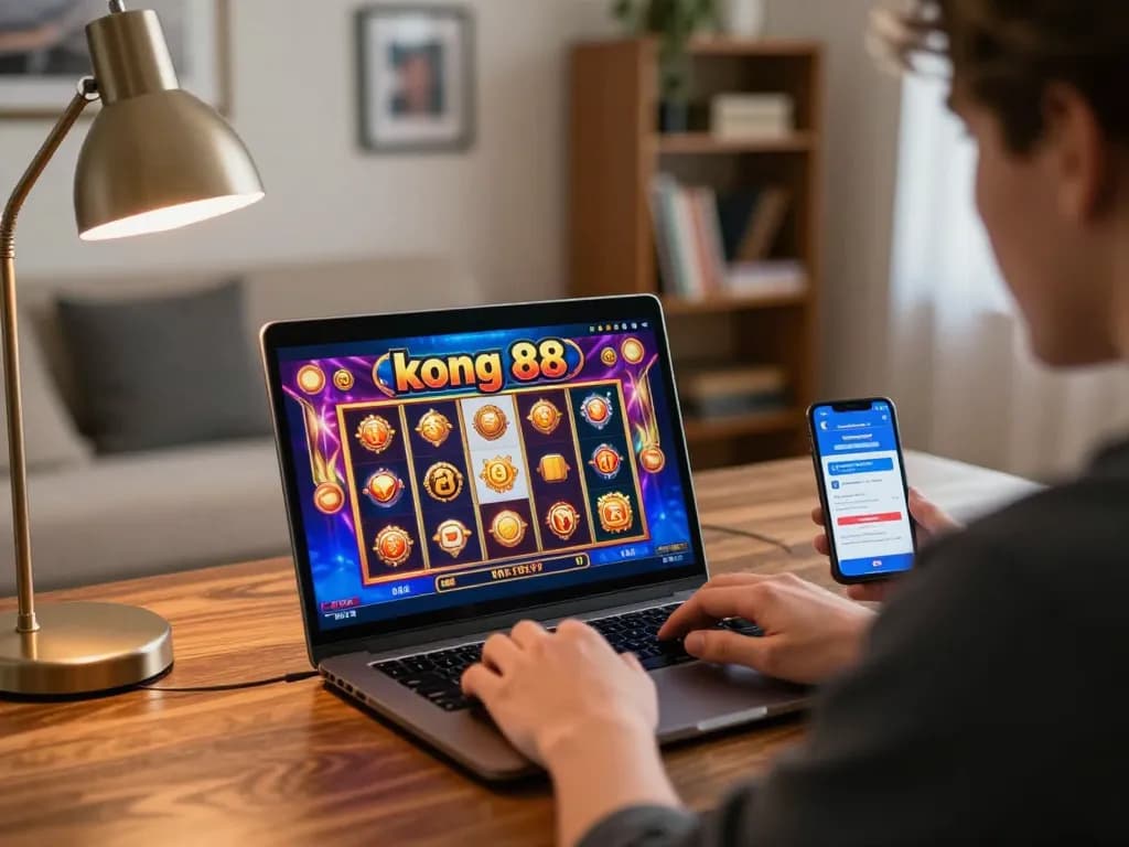 Engaging player enjoying a thrilling session on kong 88 slots from a cozy home setup, laptop screen displaying winning reels.