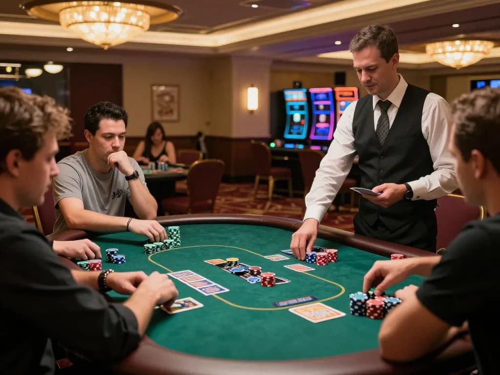 Players strategizing at a live poker table, enhancing open888 gaming experience with interactive gameplay.