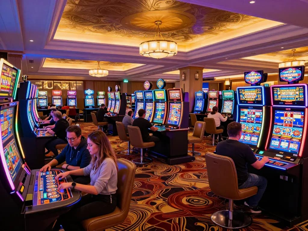 Players enjoying thrilling games at the AMAN788 casino venue with vibrant slot machines