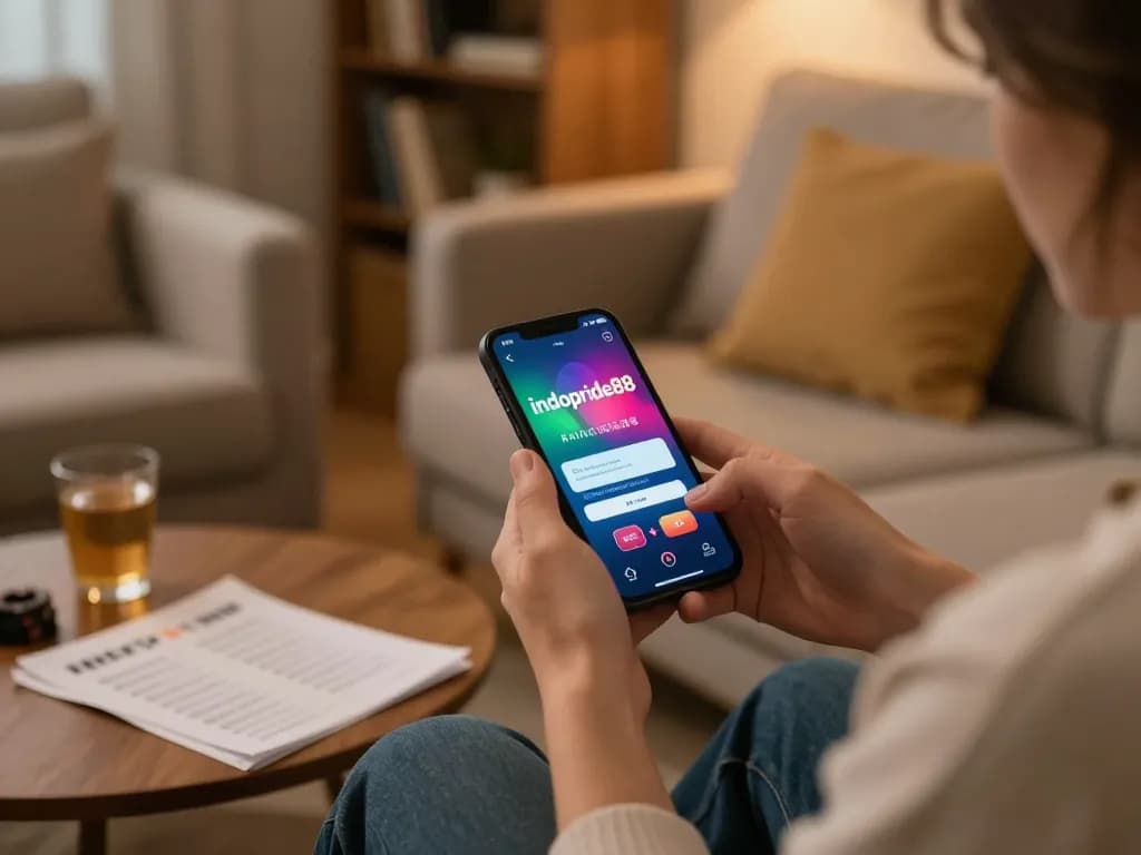 Person using indopride88 login on smartphone, engaged in online gambling with strategic notes.