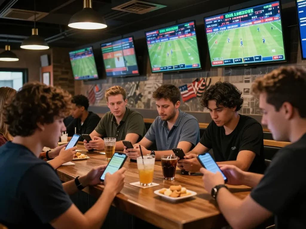 Pelanggan terlibat dalam pembaruan skor langsung secara real-time sambil memasang taruhan di smartphone mereka di sebuah bar olahraga