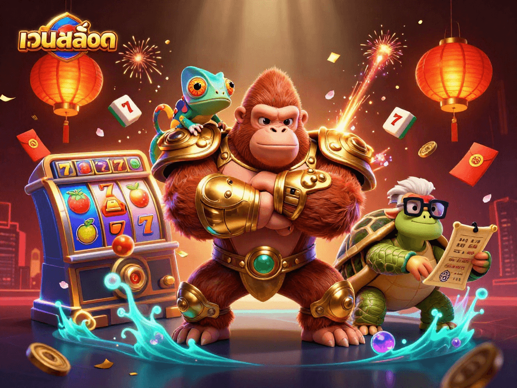 Explore เว็บสล็อต with vibrant characters and dynamic casino elements in an exciting illustration.