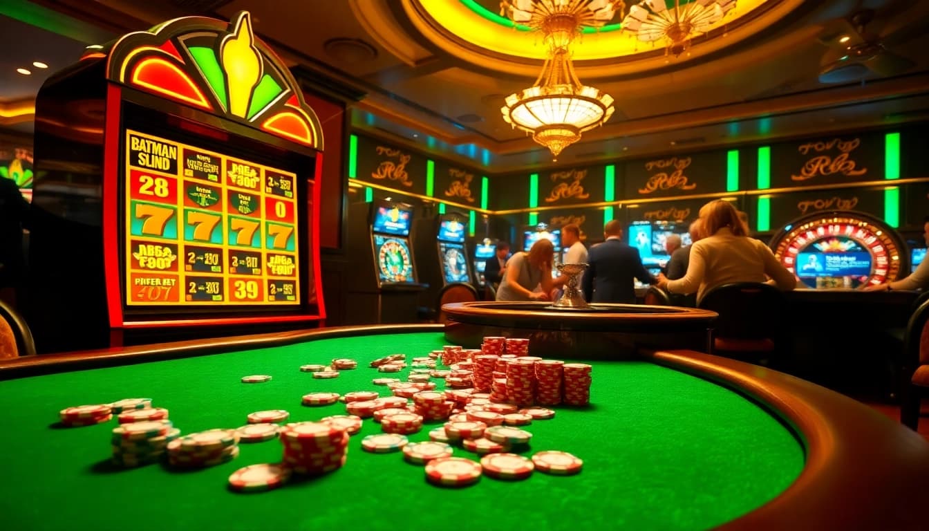 Experience thrilling gameplay at batman138 slot tables with vibrant chips and a roulette wheel.