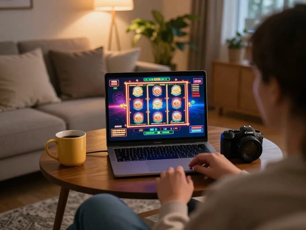 A player engages with slot depo 5k online, enjoying thrilling moments on a cozy home setup with a laptop