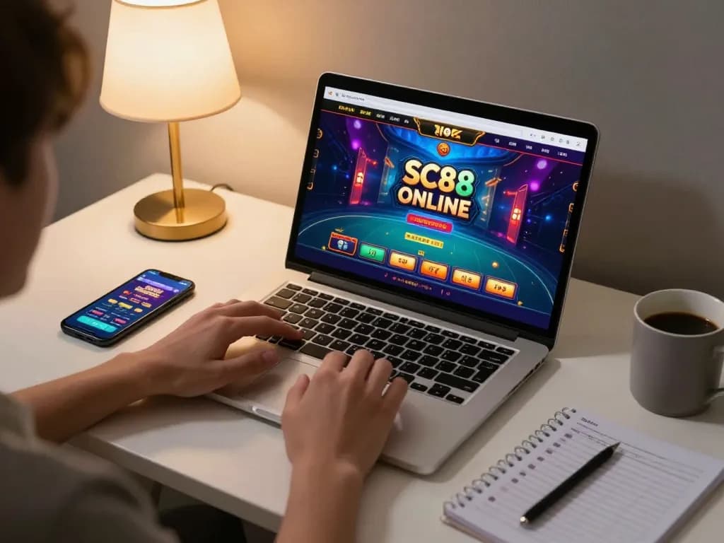 Player engaged with SC88 online casino on laptop with vibrant games and strategy notes