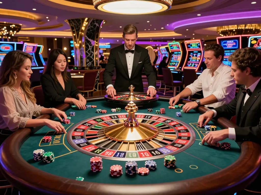 KONG88 roulette action with players betting at a vibrant Las Vegas casino table.