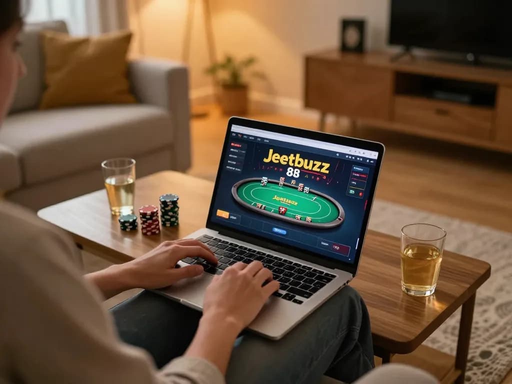 Player enjoying Jeetbuzz 88 online casino games from home with a laptop in cozy setup