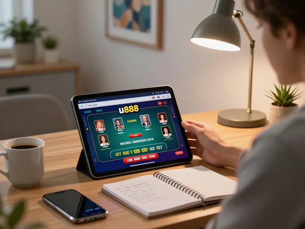 Player engaging with u888 casino app in stylish home office, focused on gaming strategies