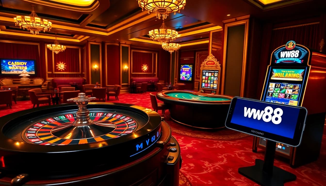 Experience the excitement of Nhà cái WW88 with a luxurious casino scene showcasing roulette, blackjack, and digital betting.