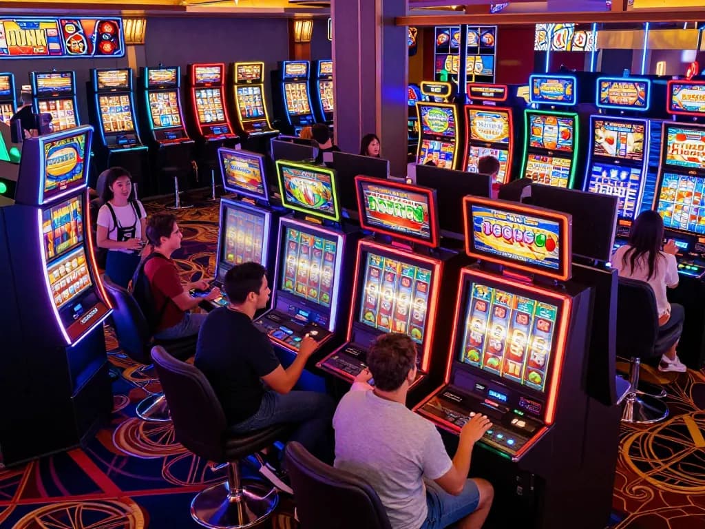 Players enjoying thrilling slot machines with colorful lights in a casino.