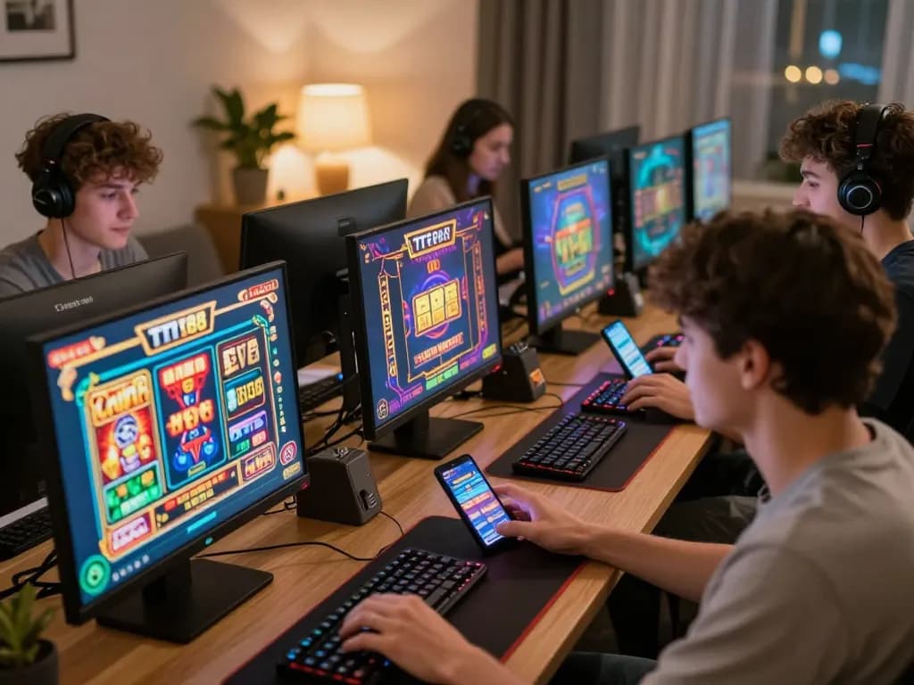 Players engaging with TT88 online betting games in a vibrant home environment