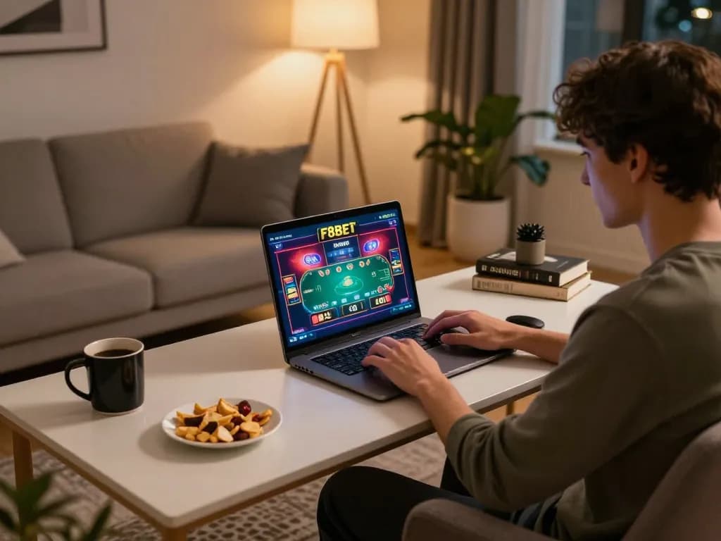 Experience F8BET online poker gameplay from a cozy home setup with dynamic atmosphere.