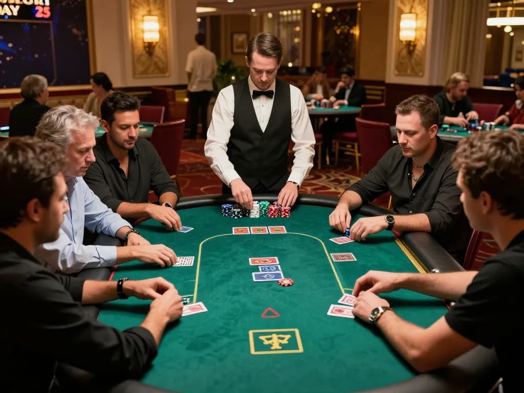 rr99 players engaging in a thrilling poker game at an upscale casino with dynamic action and luxurious atmosphere.