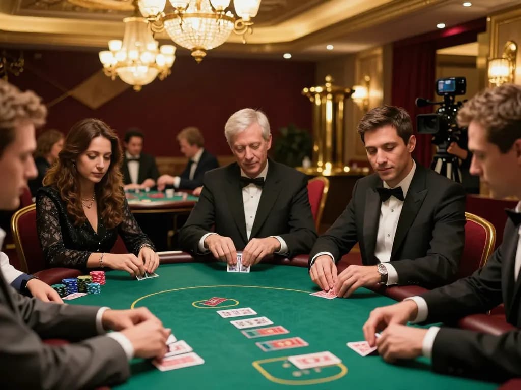 88vv players strategizing in an upscale casino poker game with luxurious decor.