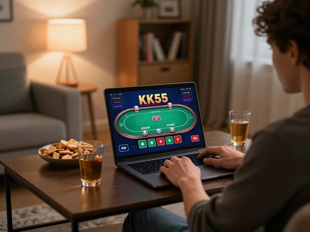 KK55 player engaging in online poker game from their cozy home setup
