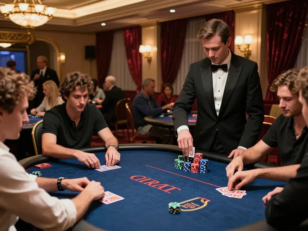 Players placing bets at a KP88 poker table in an upscale casino, showcasing chips and cards in action.