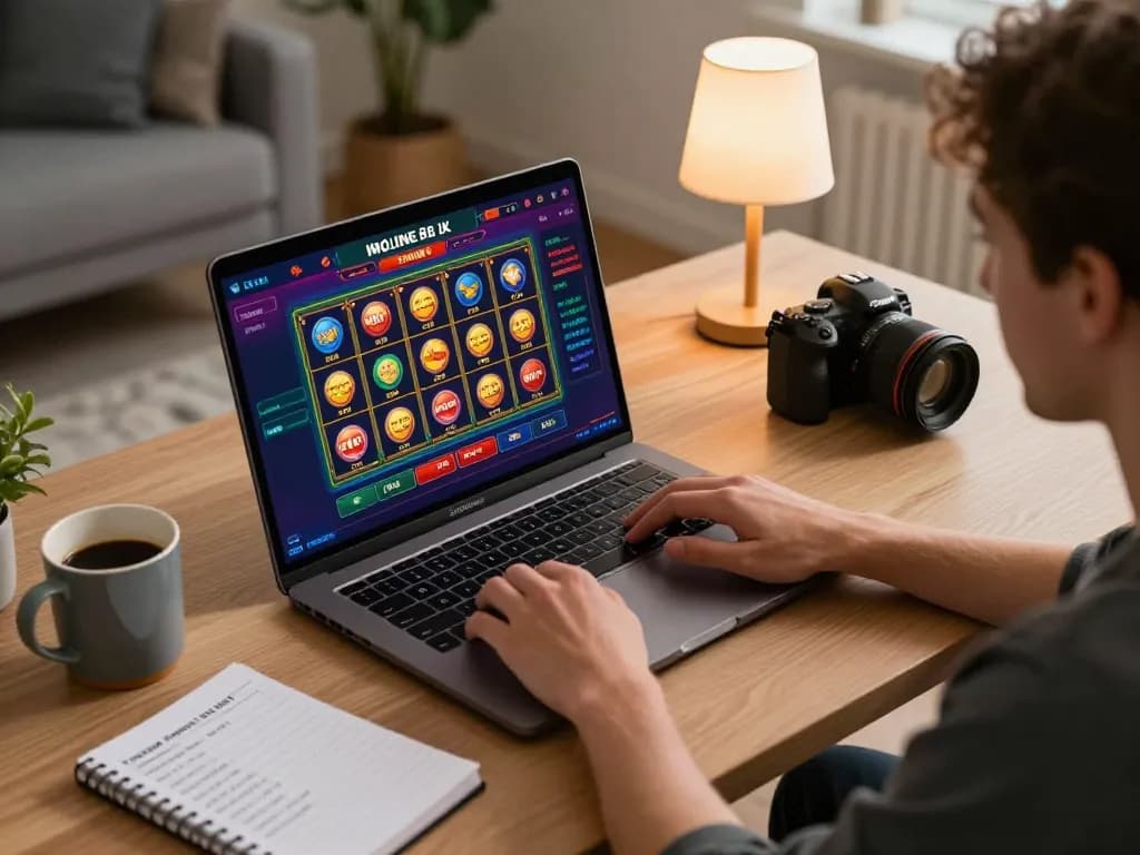 Engaged player exploring bonus buy slots UK on a laptop, showcasing strategic online gambling.