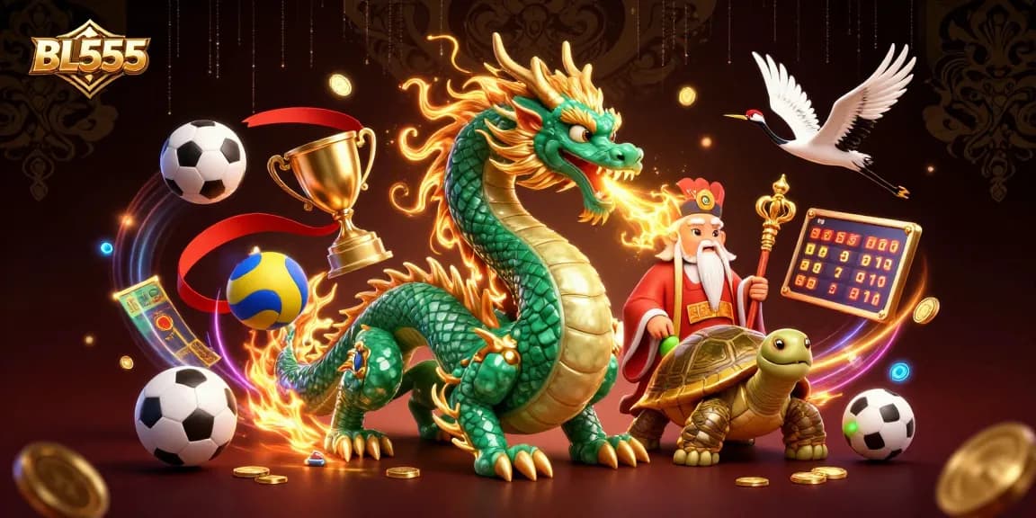 Engage in thrilling sports betting with BL555 featuring dynamic scenes and luck-inspired characters.