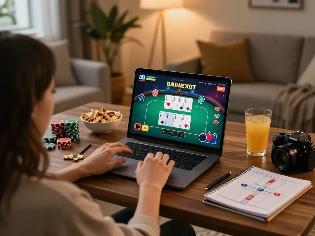Person using 88xx online platform for poker gaming on a cozy home setup.