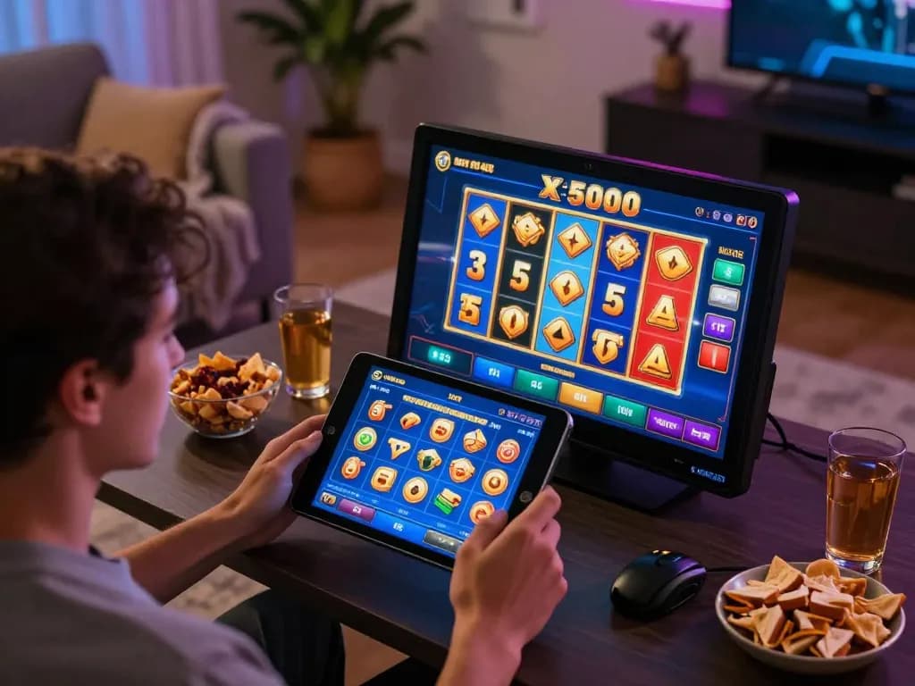 Engaging online Slot x500 gameplay with vibrant reels spinning on tablet screen, showcasing a player's focused interaction.