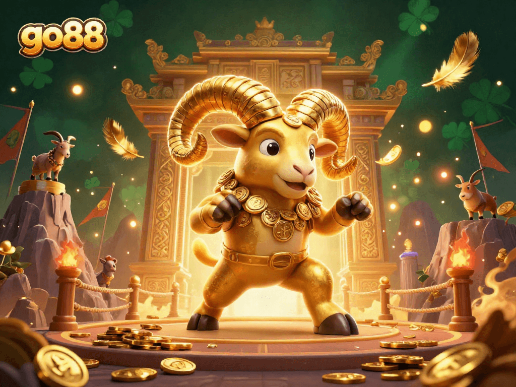 Bet on go88 with the charging golden ram illustration amidst a vibrant casino scene.