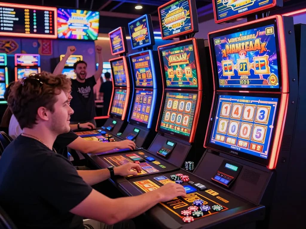 Suasana perjudian online yang menarik dengan pemain menikmati mesin slot link gacor dan grafik yang cerah.