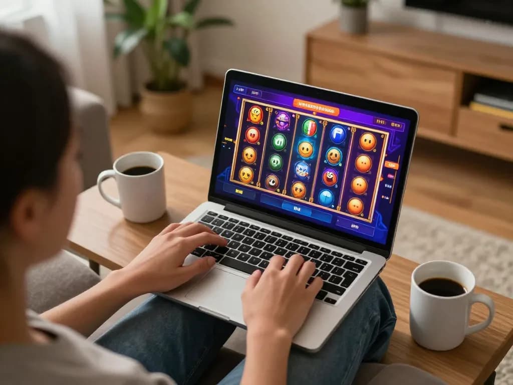 Engaging with a non gamstop casino via laptop in a cozy home setting.