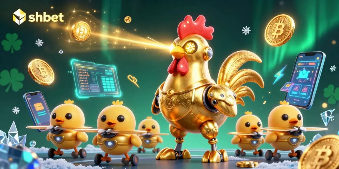 Engage with shbet’s vibrant 3D gaming universe featuring a golden rooster robot and crypto elements.