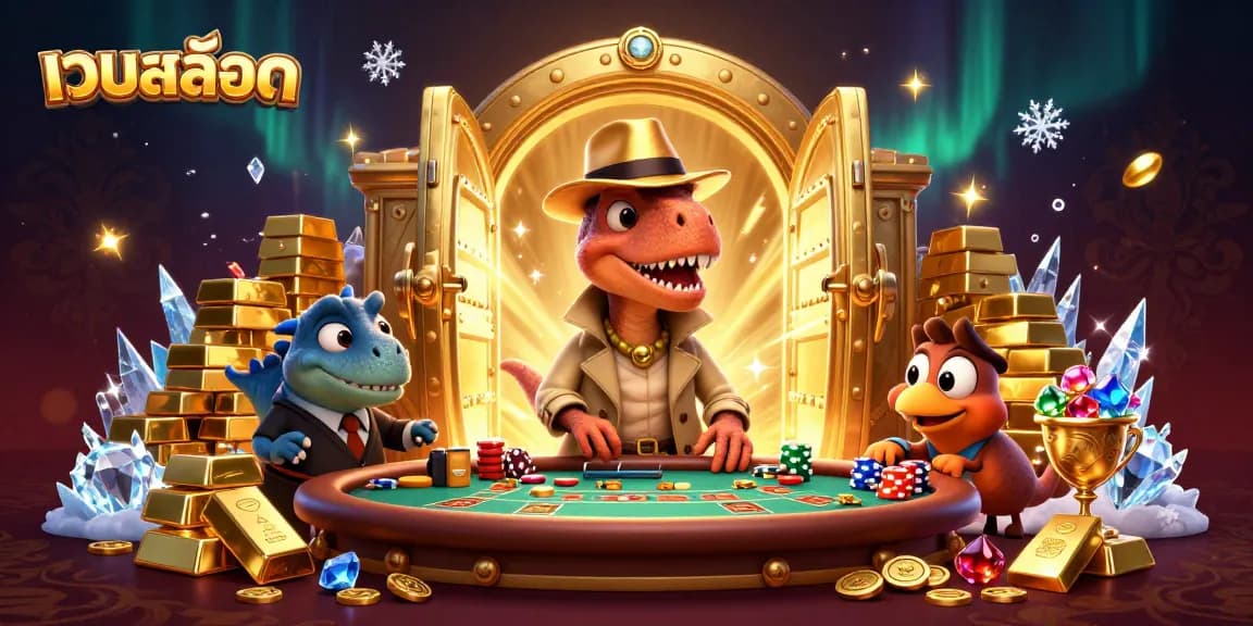 Experience a thrilling เว็บสล็อต adventure with cartoon dinosaurs playing blackjack amidst a treasure-filled scene.