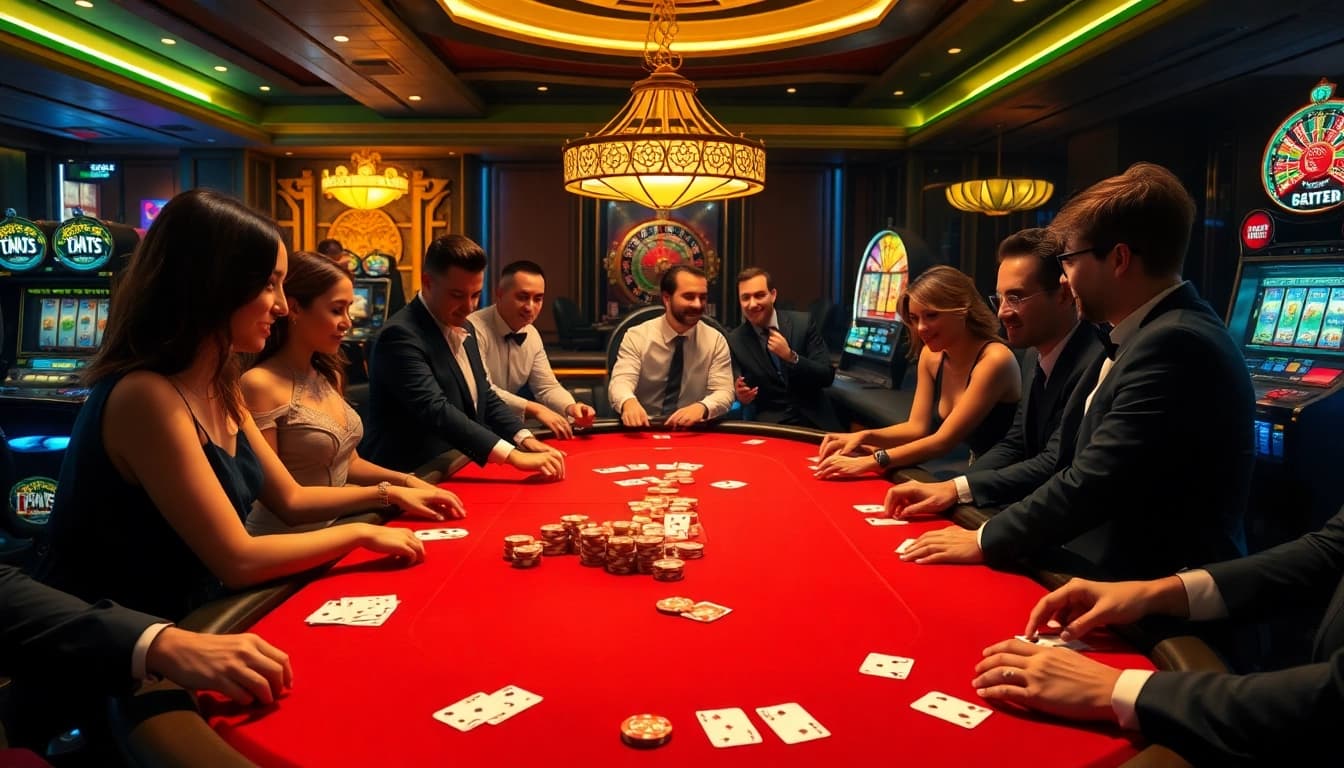 Gamblers enjoying poker at nhà cái thabet, featuring professional dealer and vibrant casino atmosphere.